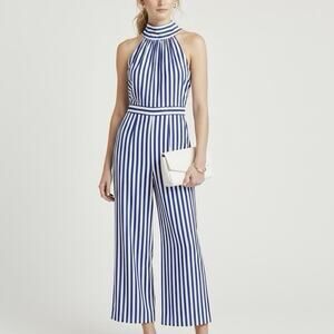 NWT J.Crew Striped Halter Jumpsuit Size 4 Wide Leg Crop Preppy Chic Blue White